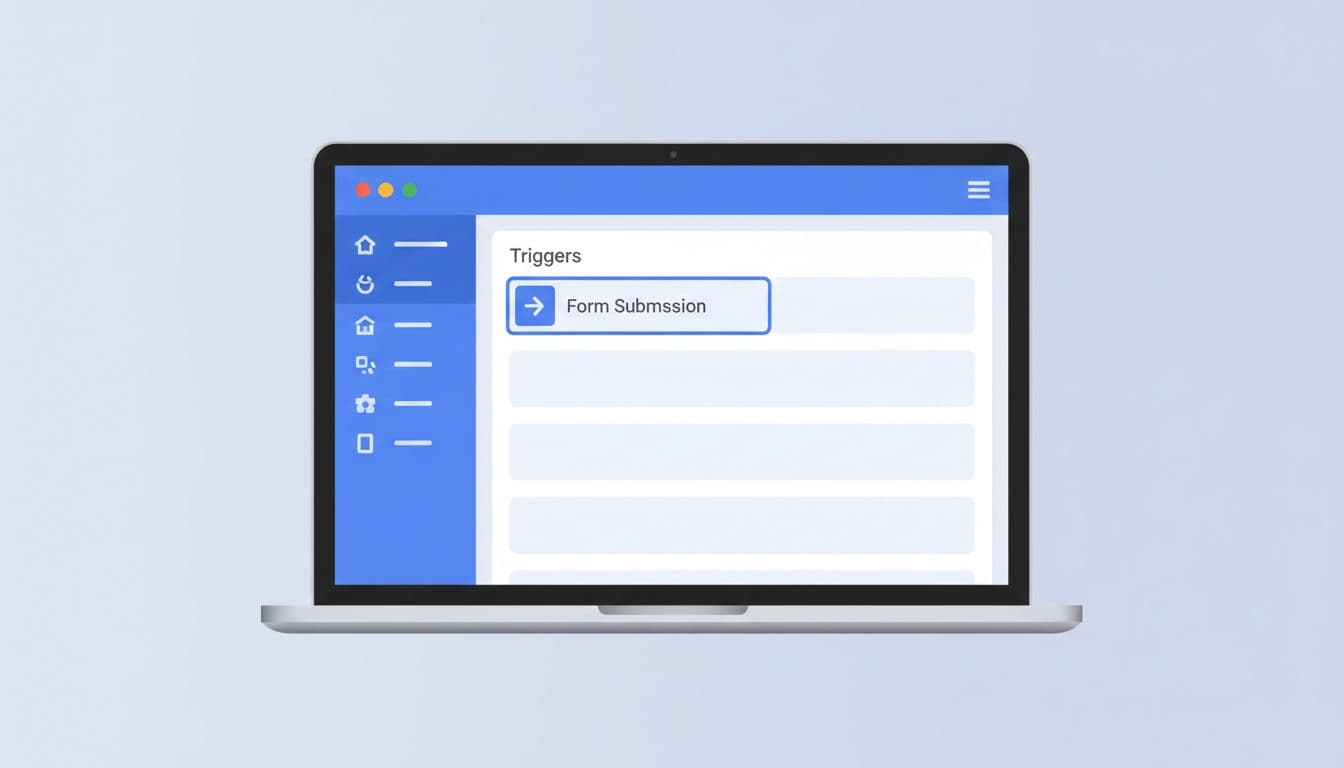 Modern illustration of Google Tag Manager dashboard highlighting the form submission trigger in the triggers section, featuring a clean blue and white palette, centered laptop screen with sidebar and trigger list.