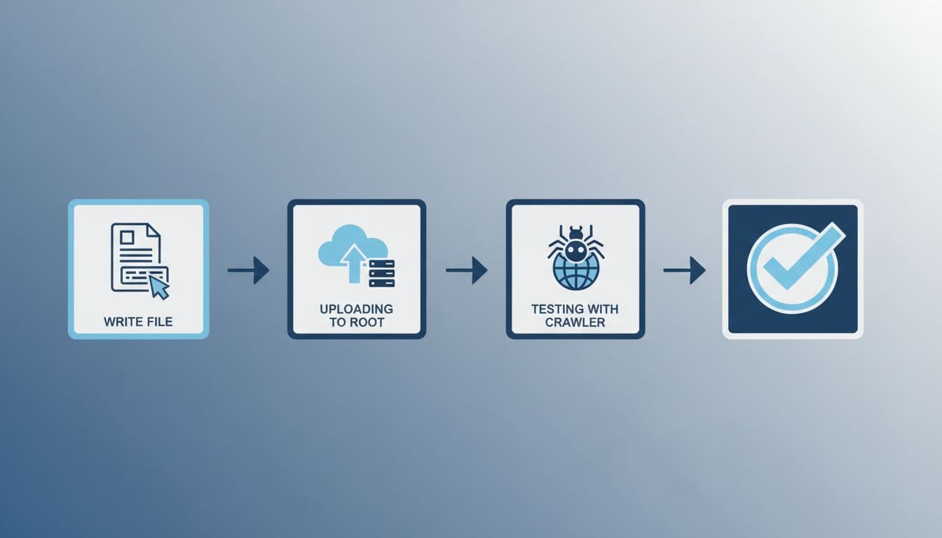 Modern illustration of a linear workflow diagram featuring four icons connected by arrows: writing the llms.txt file, uploading to root directory, testing with crawler, and success checkmark, in blues and grays with clean shapes and soft lighting.
