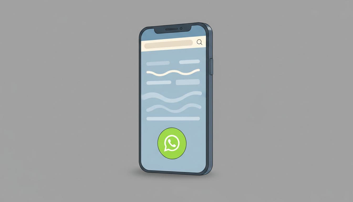Modern illustration of a mobile phone with a WhatsApp link button on the screen, clean shapes, vibrant green accents, angled view, natural lighting, no text or fingers.