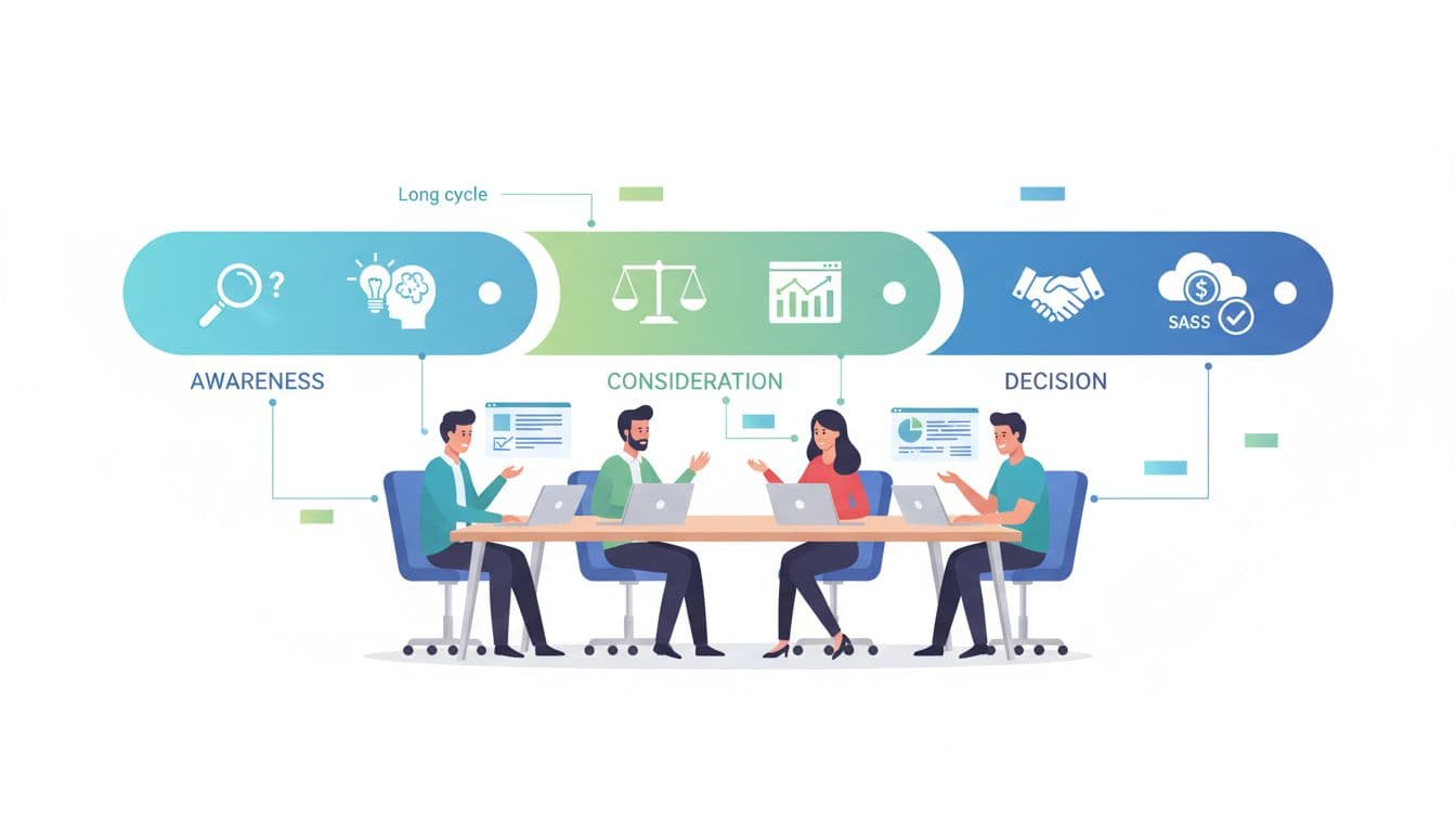 Modern illustration of the B2B buying process in a conference room with four professionals, depicting long cycle stages from awareness to purchase decision for a SaaS tool using clean icons and blue-green palette.