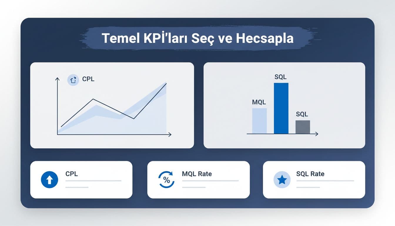 Modern illustration of a professional B2B KPI dashboard with clean charts and graphs displaying CPL, MQL, and SQL rates using blues and grays.