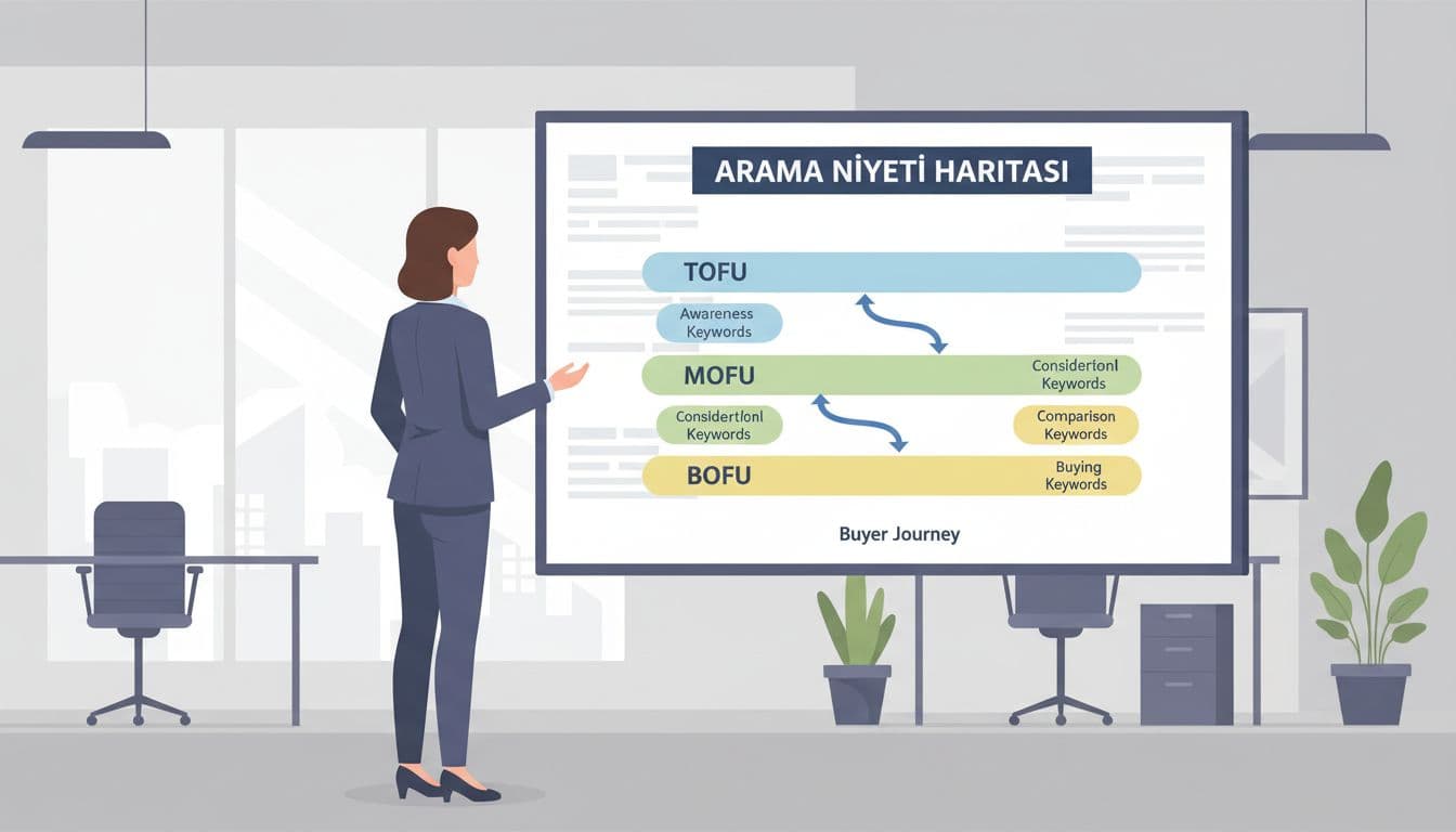 Modern illustration of a B2B marketer in an office standing before a digital whiteboard displaying a search intent map for B2B SEO, featuring TOFU awareness, MOFU consideration, and BOFU decision stages connected by buyer journey arrows.