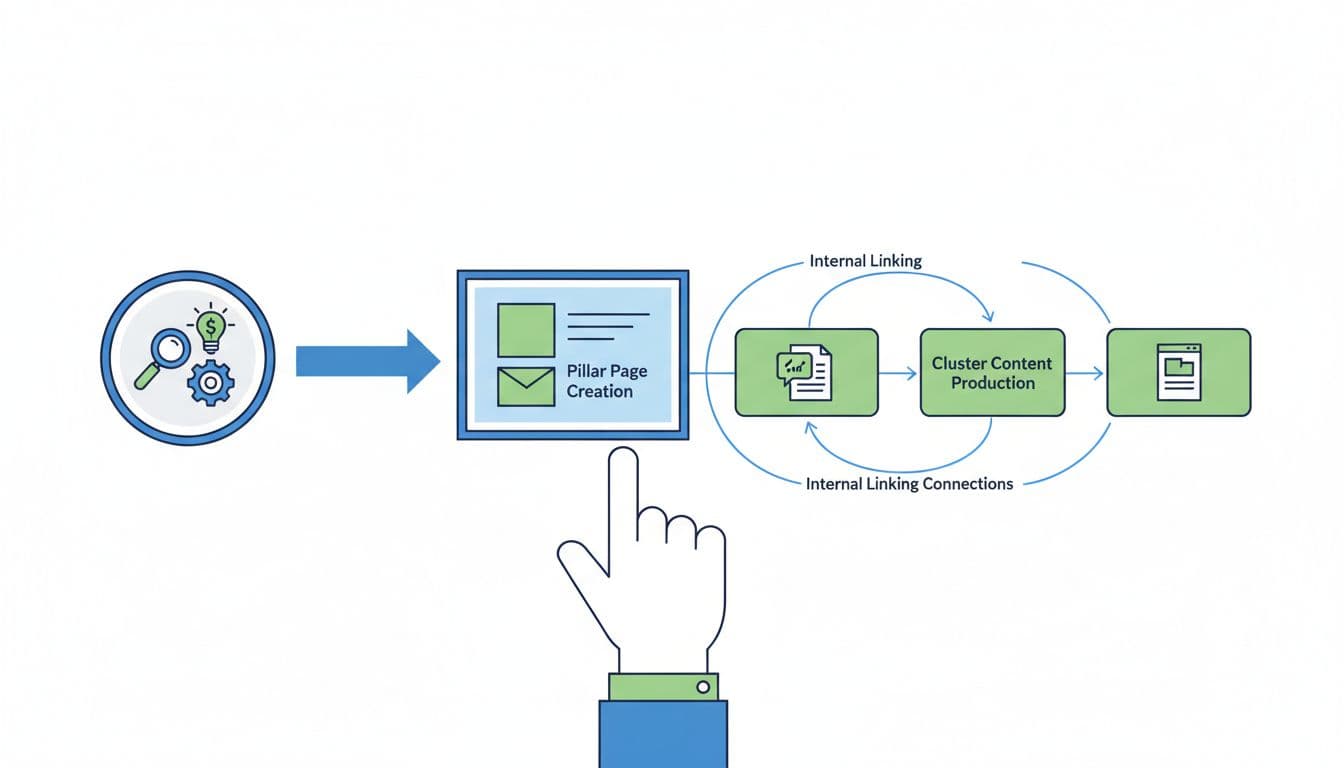Modern illustration of B2B SEO topic cluster construction steps: keyword research, pillar page creation, cluster content, and internal linking, visualized as a flowchart on a digital whiteboard with one pointing hand.