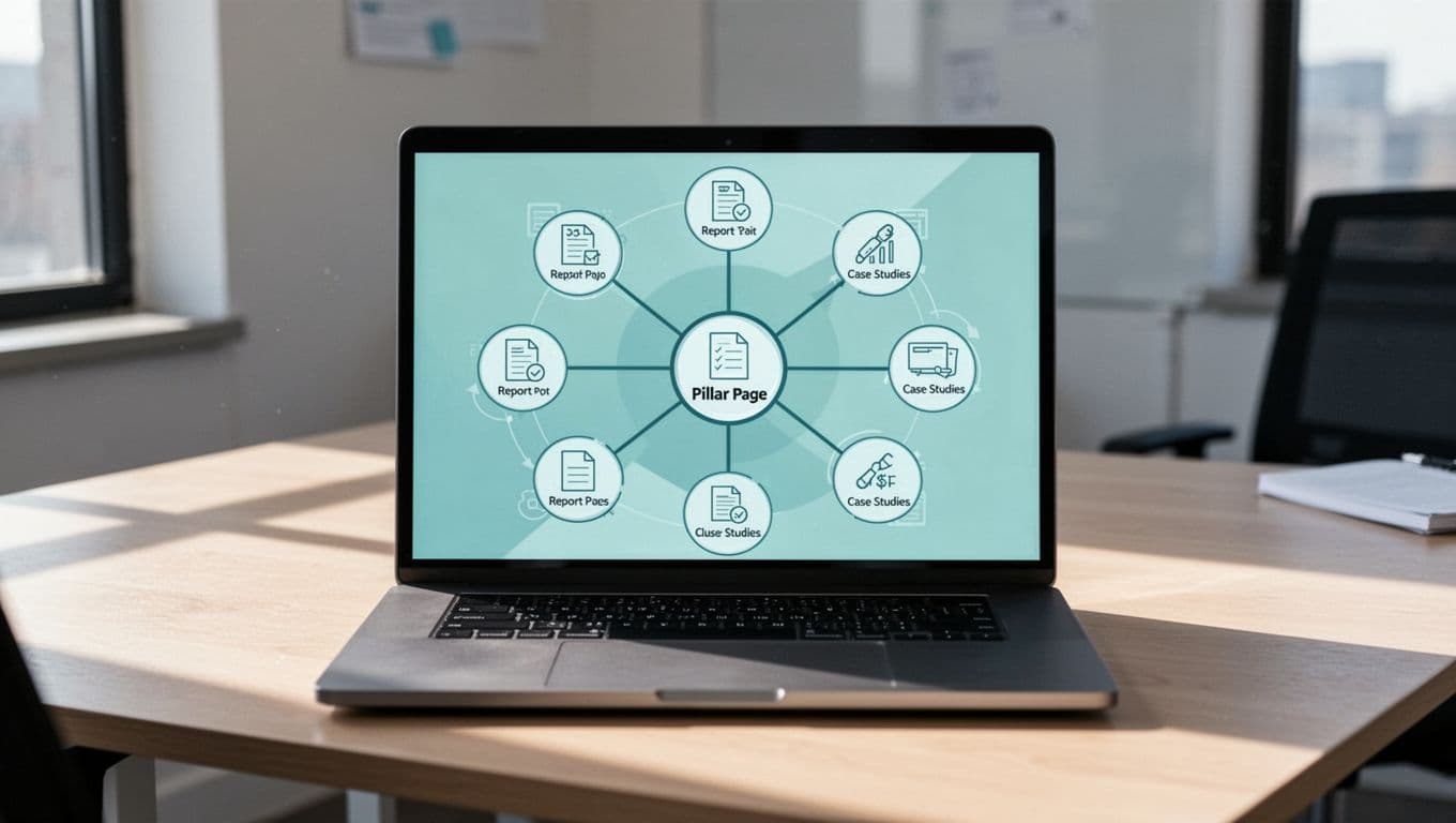 Modern illustration showing a central pillar page as a hub connected by lines to smaller cluster pages in a B2B SEO topic cluster, displayed on a laptop screen in an office desk setting with blue and green tones.