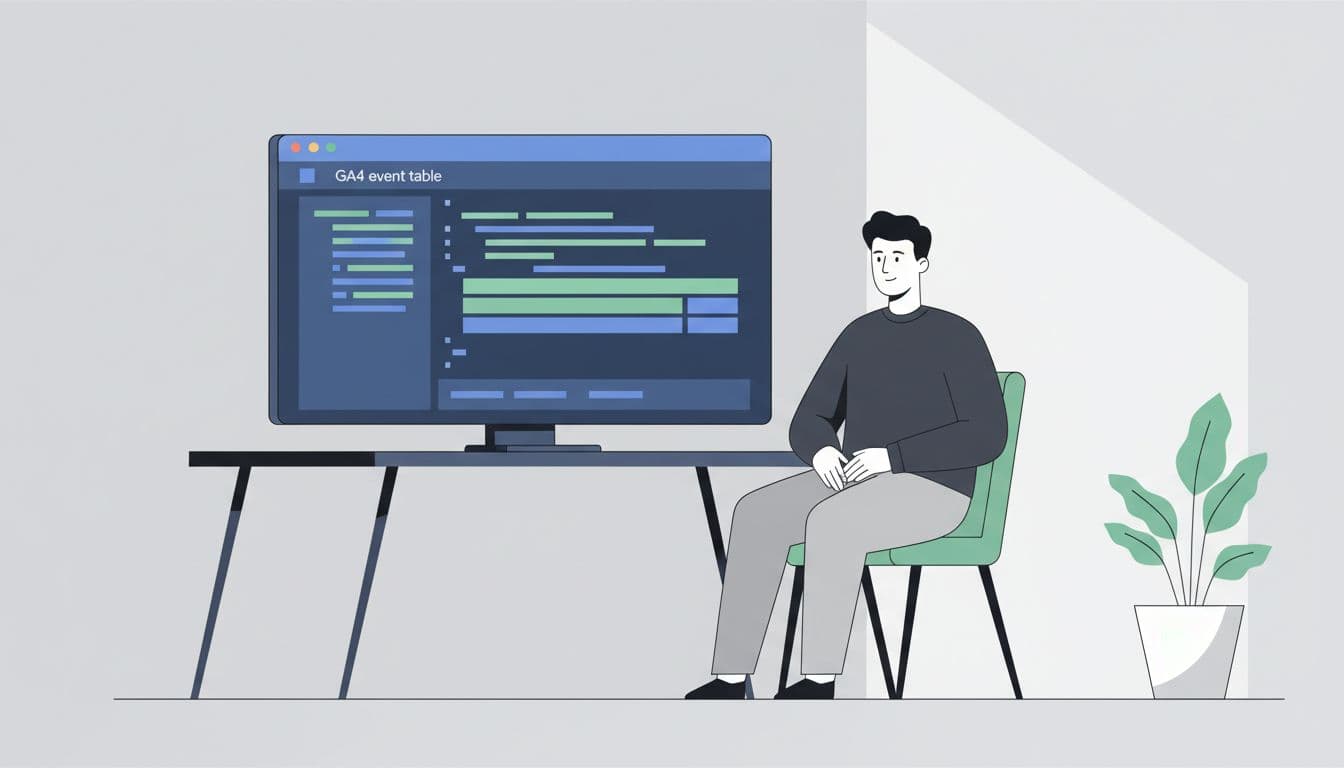 Modern minimalist illustration of a data analyst in a clean room viewing a BigQuery SQL editor screen querying GA4 event table, with no readable text, relaxed hands, landscape orientation.