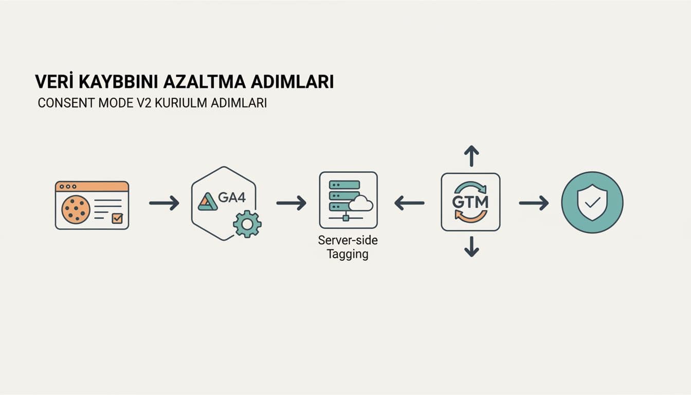 Modern illustration style step-by-step workflow diagram icons for implementing Consent Mode V2 in Google Tag Manager, featuring cookie banner, GA4 config, server-side tagging connected by arrows on neutral background.