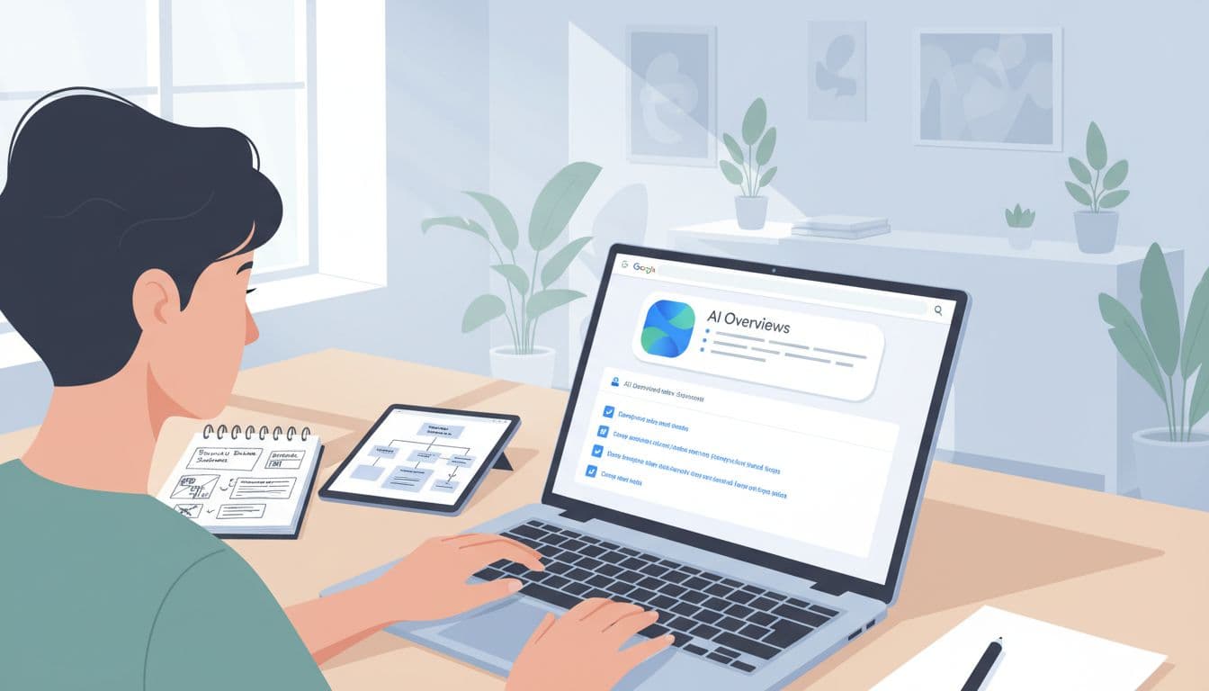 Modern illustration of a content creator at a desk using a laptop to optimize a webpage for Google AI Overviews, featuring search results, AI summary box, and notes on structured data.