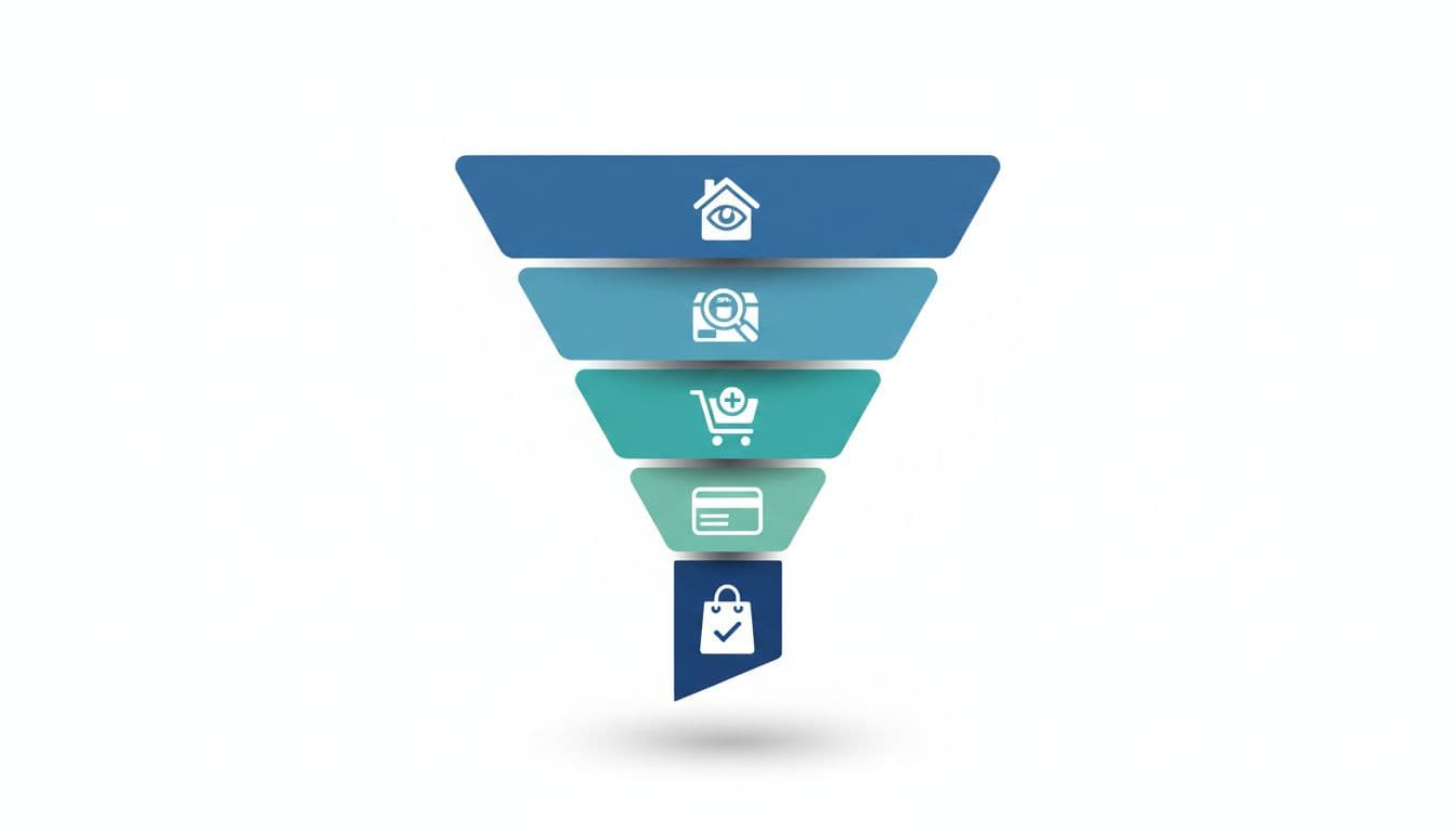 A simple vertical funnel diagram illustrating user journey stages from awareness to purchase, featuring icons for homepage view, product view, add to cart, checkout, and purchase. Modern illustration style with clean shapes and a controlled palette of blues and greens on a white background.