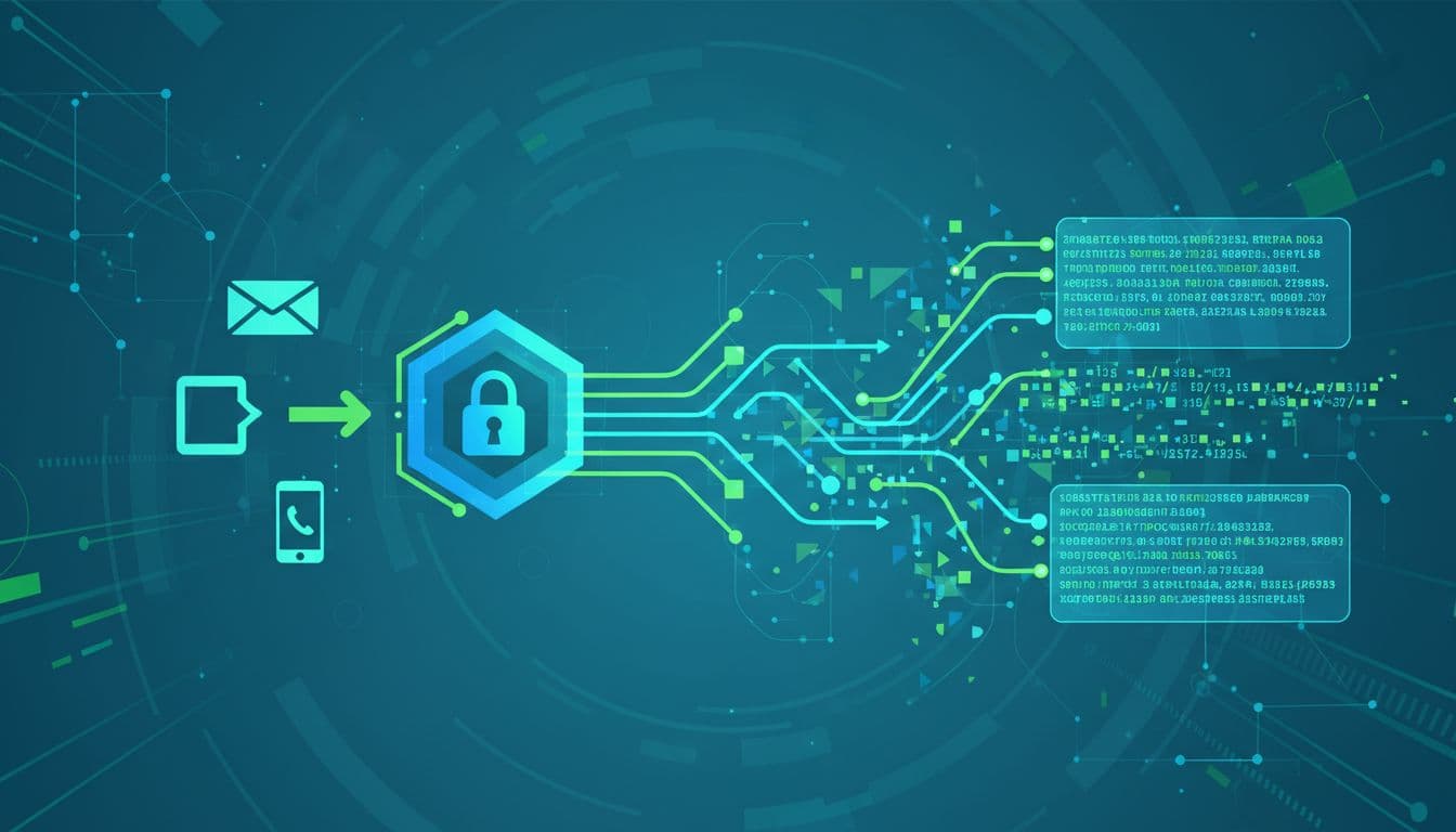 Modern illustration in blues and greens depicting a close-up of the data hashing process, with secure locks and email/phone icons transforming into hashed codes on a digital flowchart.