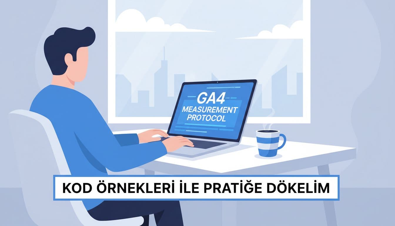 Developer at desk with laptop screen angled away, hands on keyboard, coffee mug nearby, city view window.