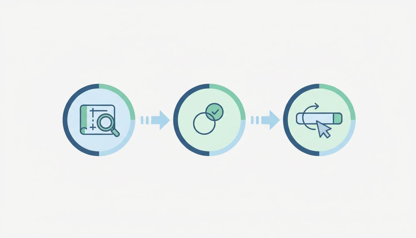 Modern illustration with clean icons in blues and greens depicting three steps to resolve indexing errors: check sitemap, validate canonical tags, and submit URL inspection, connected by arrows on a neutral background.