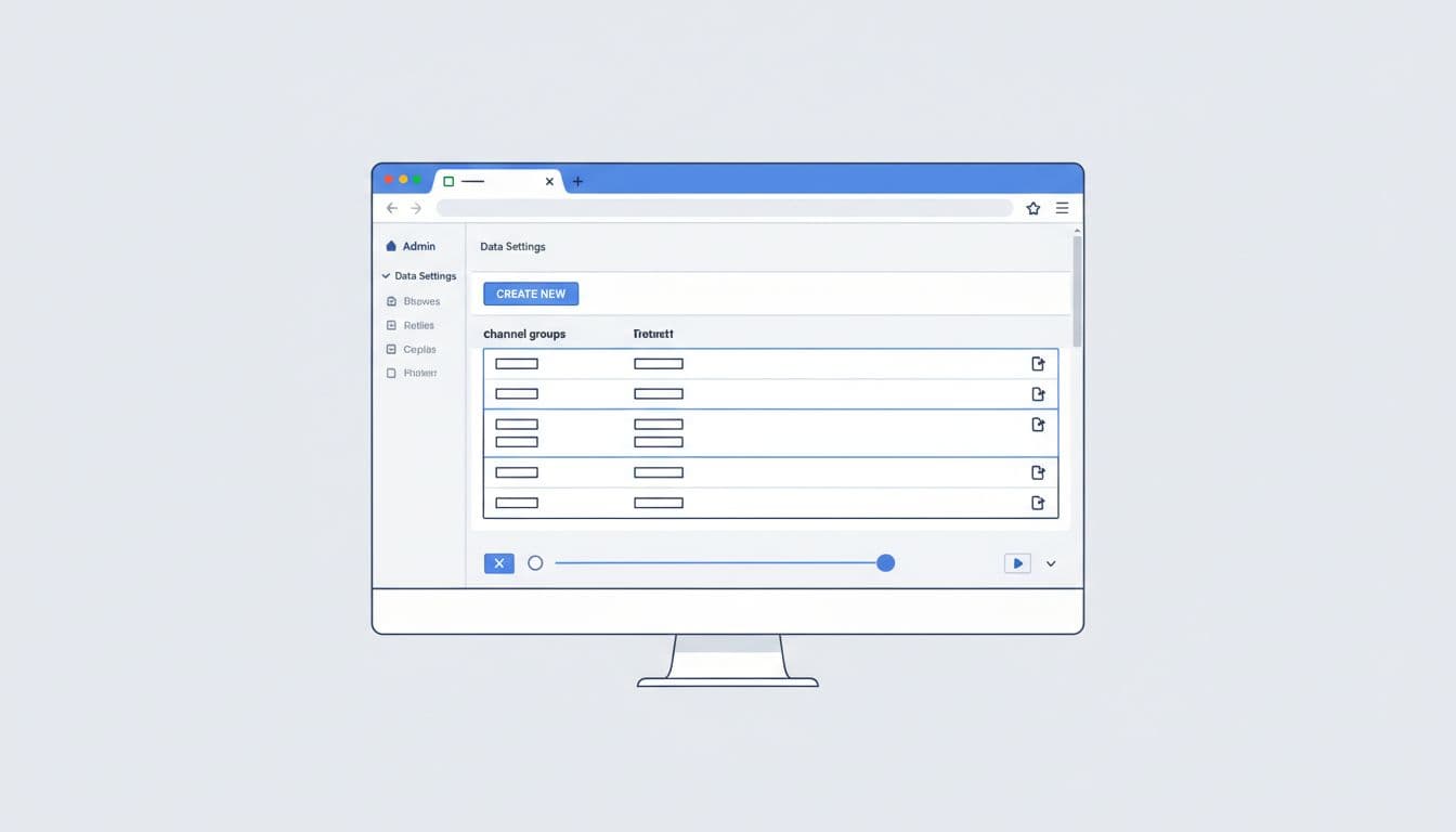 Desktop browser window shows GA4 admin panel open to channel groups section with list, create button, and copy option.