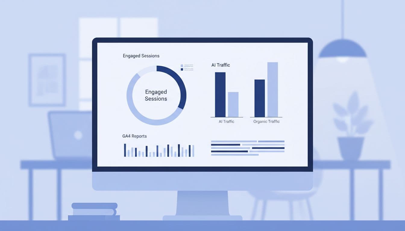 Large monitor in office shows bar graphs of GA4 metrics comparing AI traffic and organic engaged sessions and conversions.