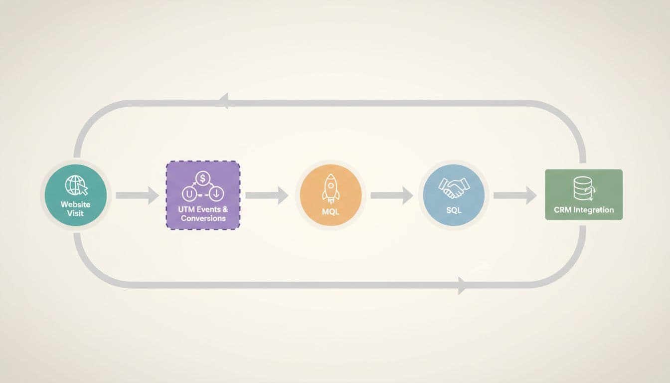 Modern illustration of a flowchart depicting the B2B lead journey from website visit to CRM integration, featuring icons for UTM events, conversions, MQL, and SQL in a simple path diagram with clean shapes and neutral background.