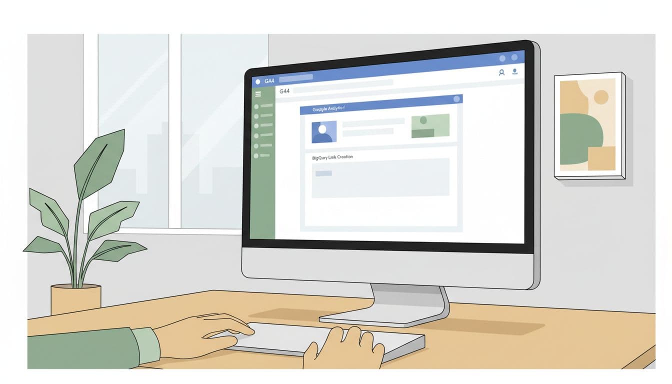 Modern illustration of a developer at a desktop computer screen showing the GA4 admin panel's BigQuery link creation interface, in a simple office environment with clean shapes and strong composition.