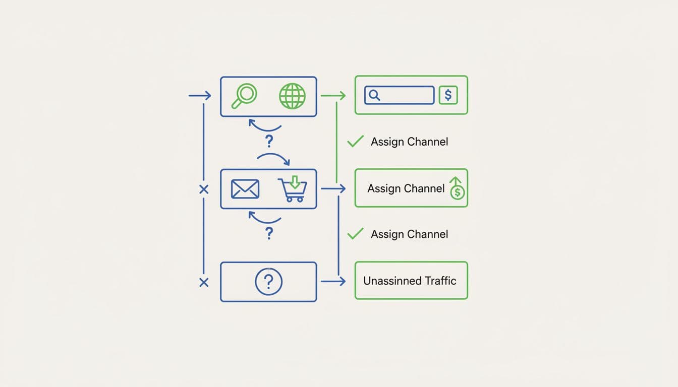 Flowchart depicts incoming traffic flowing through prioritized rectangular rule boxes connected by arrows, assigning channels via icons or ending unassigned.