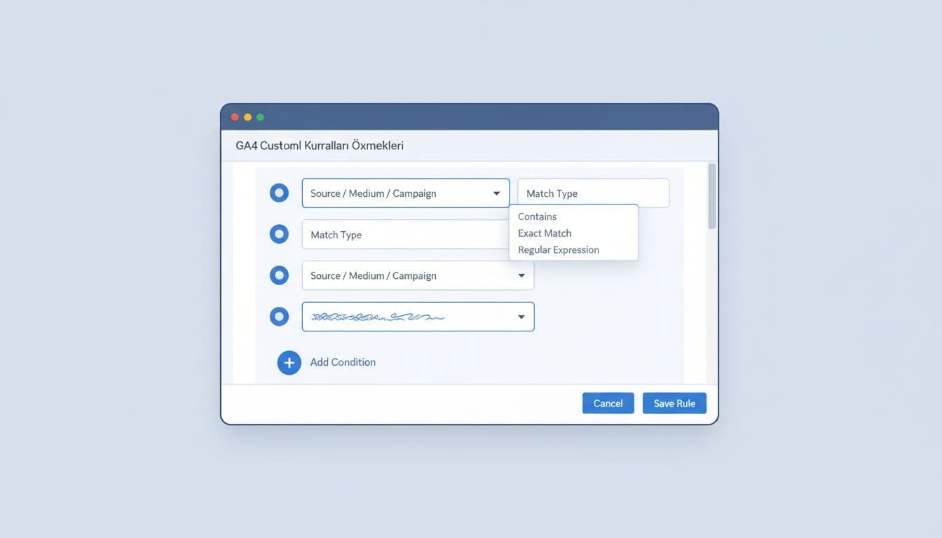 Modern illustration of GA4 screen for creating custom channel rules, featuring condition builder with dropdowns for source, medium, campaign, match types, and add button.