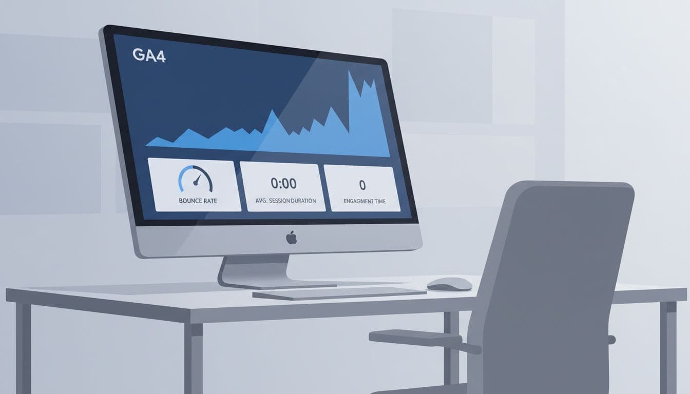Computer screen shows GA4 analytics dashboard with sudden traffic spike graph, high bounce rate over 90%, short session duration under 1 second, and empty engagement on office desk with keyboard and mouse.