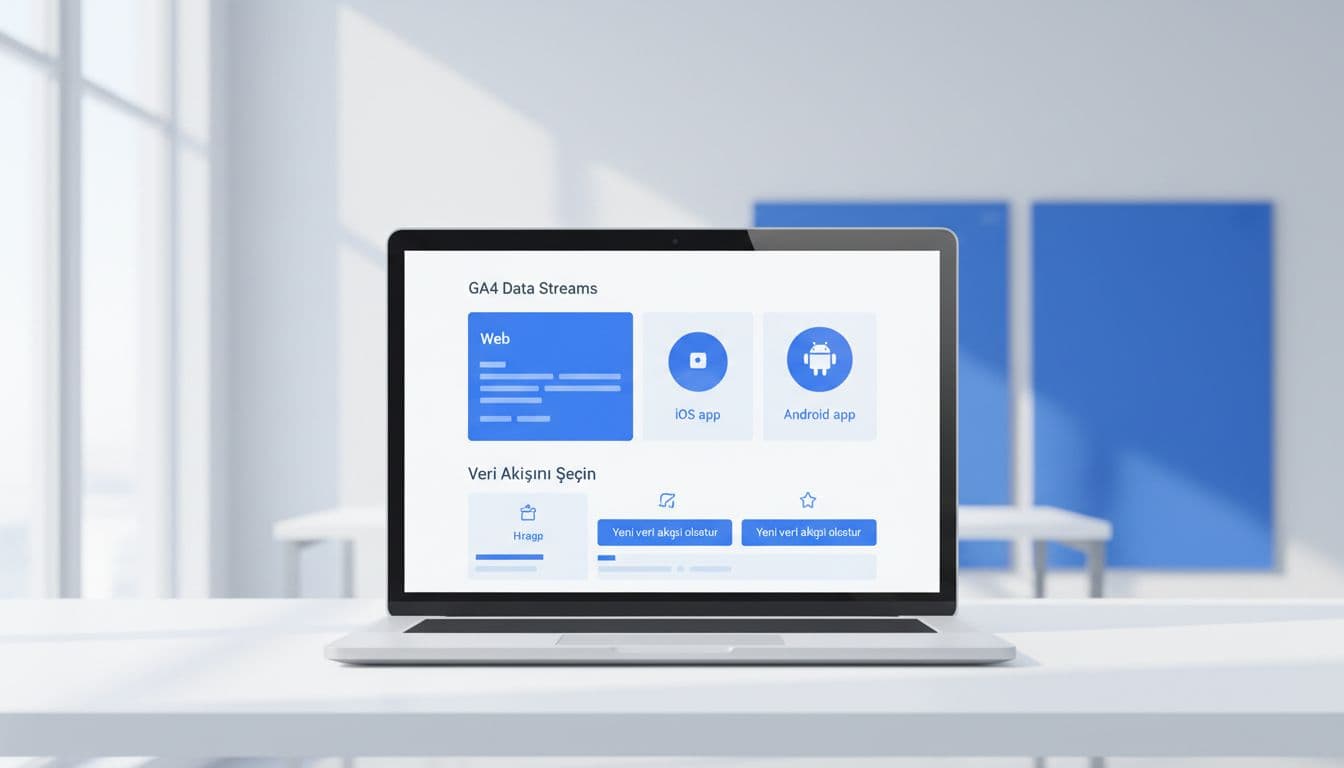 Modern illustration in blues and whites showing a laptop screen displaying the GA4 Data Streams configuration panel on a desk with natural lighting, no people or extra objects.