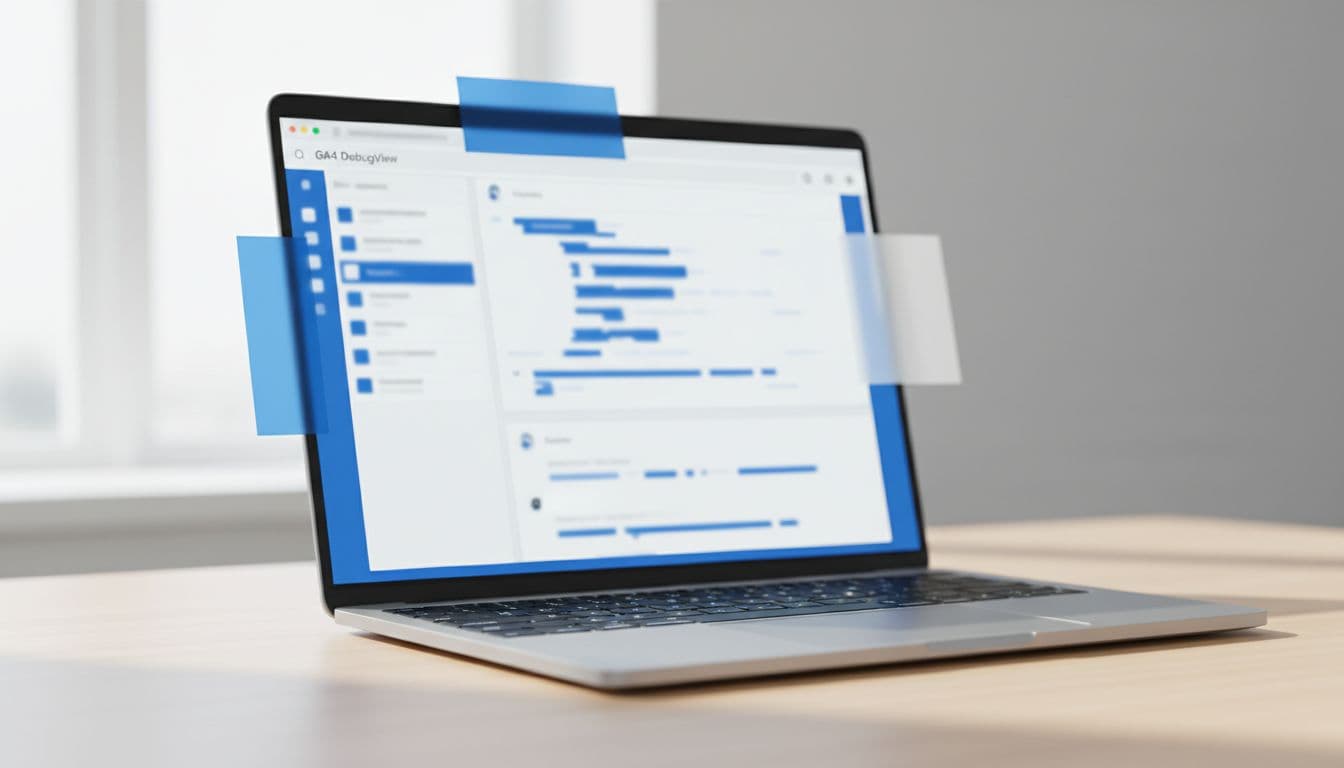 Modern illustration of GA4 DebugView interface on a developer's laptop, showing event list on the left with property selection and real-time event stream on the right, in clean blues and whites with blurred screen and no text.