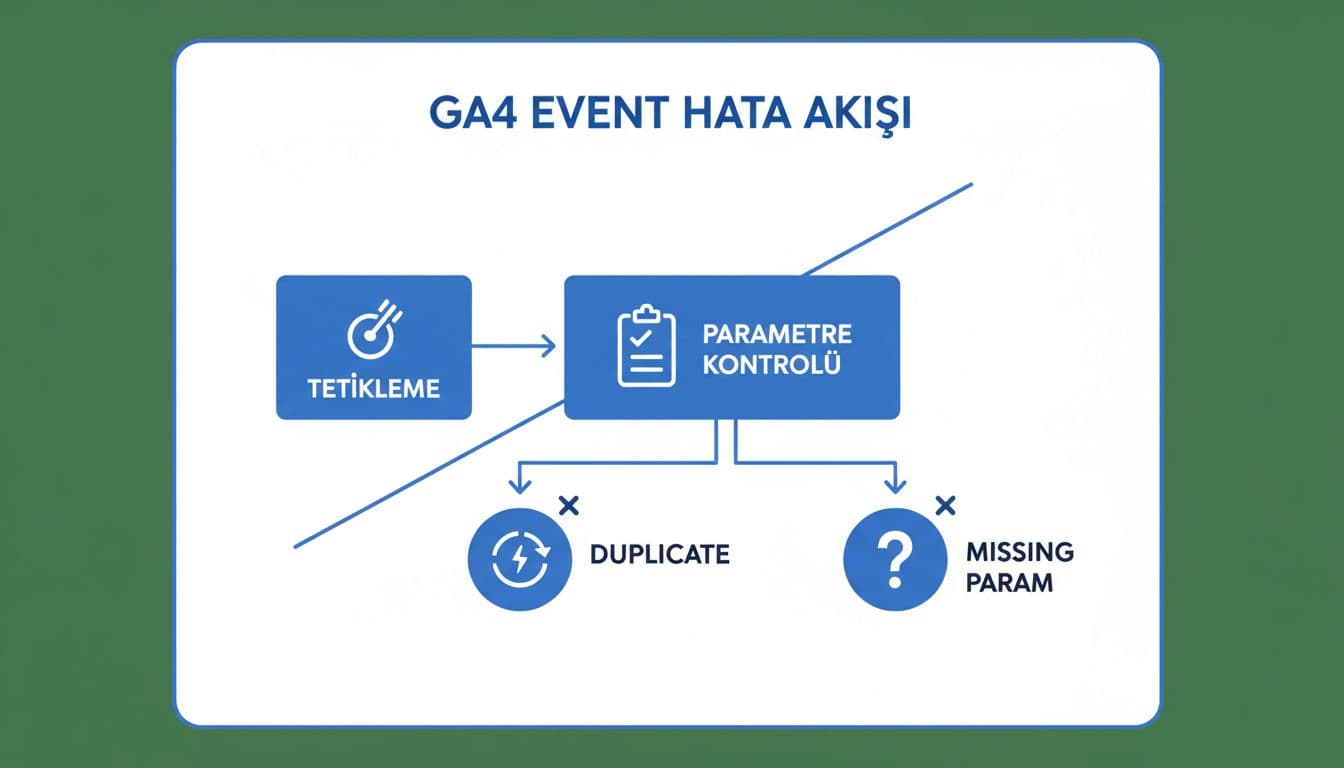 Modern technical illustration of a GA4 event flow diagram highlighting common errors like duplicates and missing parameters, with clean shapes, blue-white palette, arrows, and simple icons on white background.