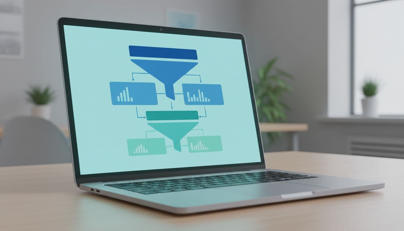Modern illustration of a laptop screen angled on a desk displaying the GA4 funnel exploration report with listed stages, using blues and greens palette in a simple office setting with soft lighting.