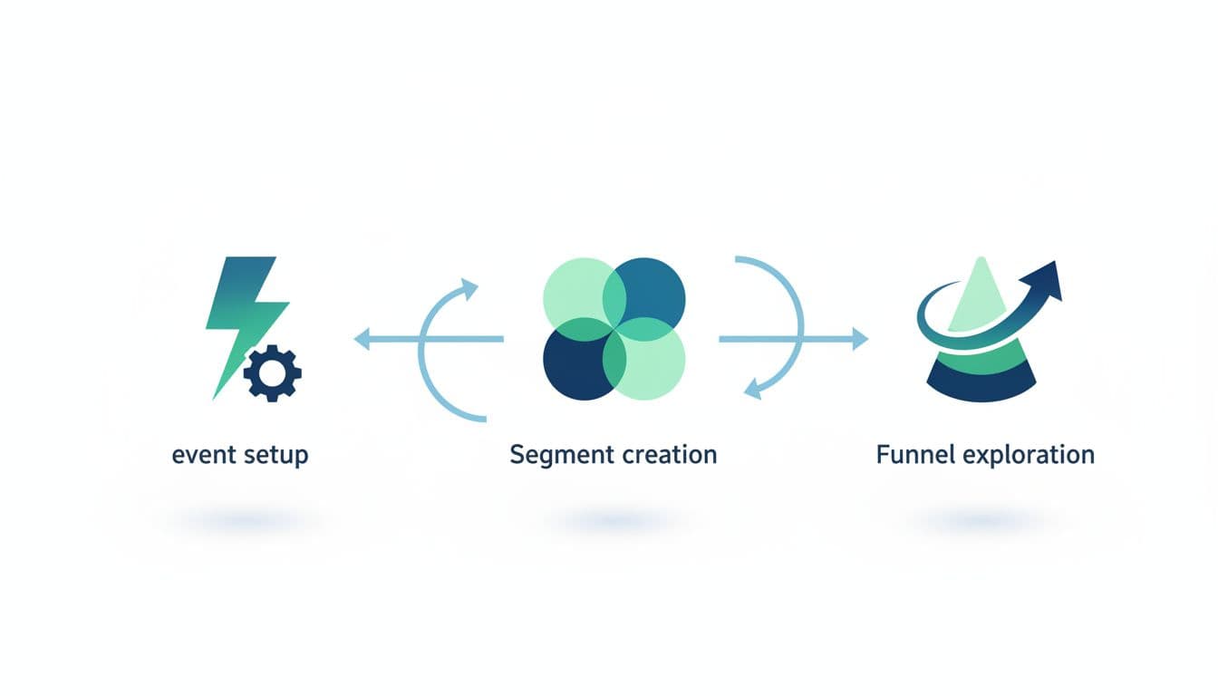 Modern illustration of a horizontal flow diagram with simple icons for GA4 funnel setup steps: event setup, segment creation, and funnel exploration, connected by arrows in blues and greens on a white background.