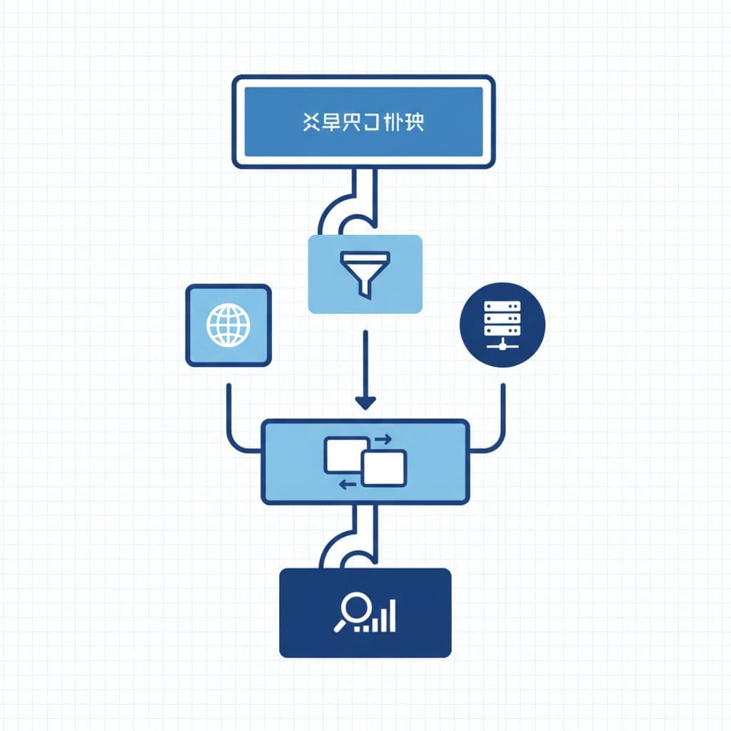 Simple flowchart diagram illustrating GA4 internal traffic filtering process steps connected by arrows, in modern blues and whites illustration on digital whiteboard background.