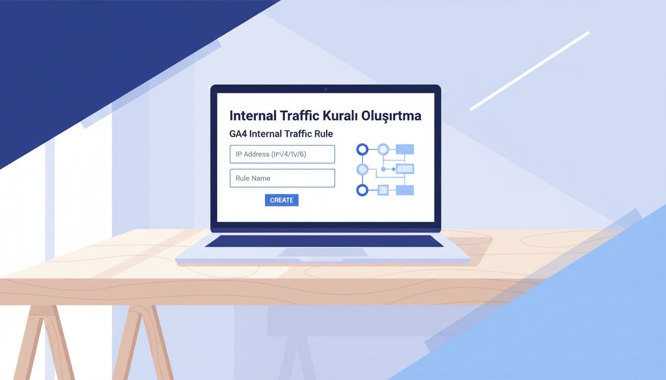 Modern illustration of a laptop screen showing GA4 internal traffic rule definition with IP input fields on a desk, using blues and whites palette, natural lighting.