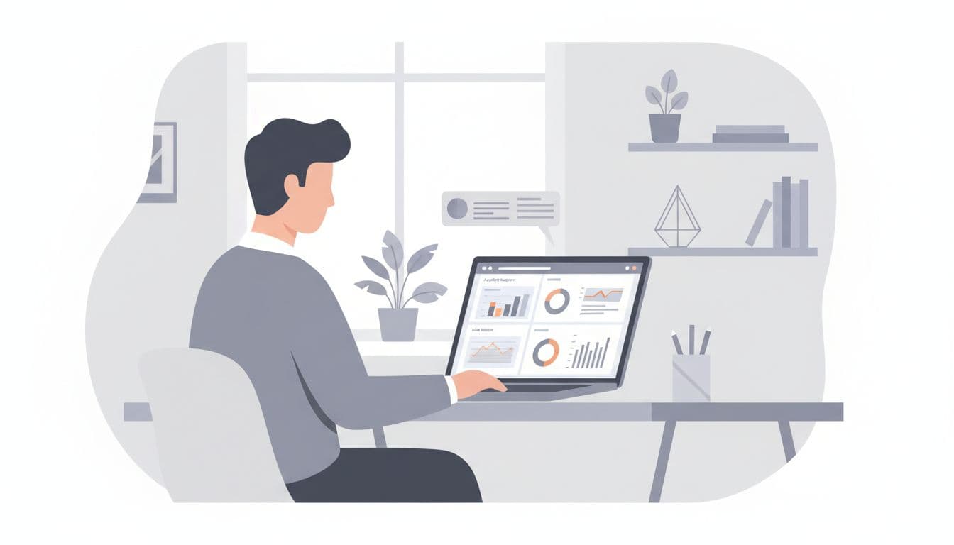 Modern illustration of a marketing professional at a desk examining GA4 dashboard focused on acquisition reports and lead sources in a clean office setting.