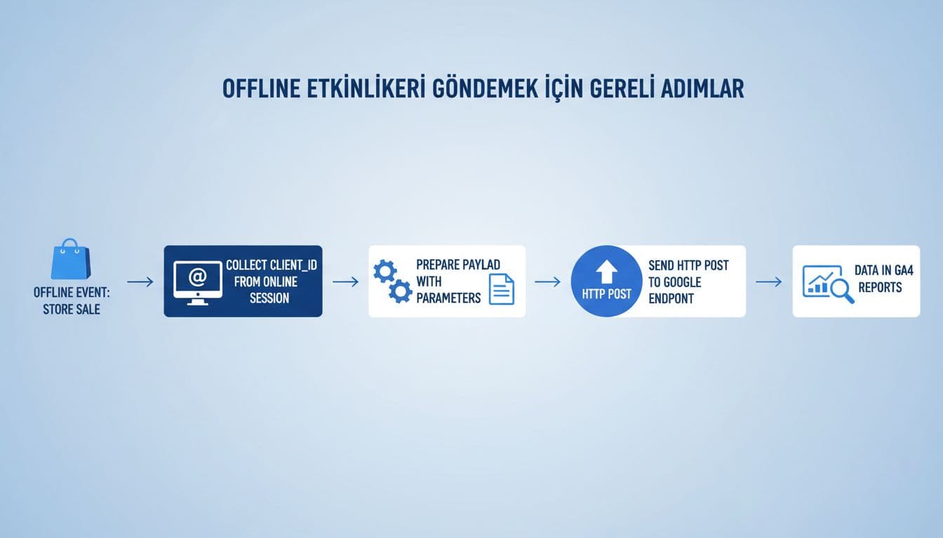 Blues and whites flowchart with icons for offline event, client ID collection, payload prep, HTTP POST, and GA4 data.