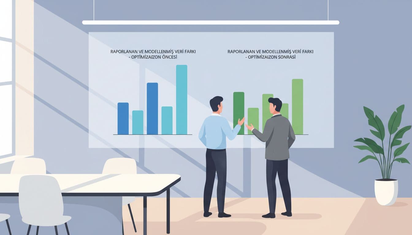 Modern illustration of a comparison chart displaying real user data versus modeled data in GA4 reports before and after optimization, featuring bar graphs in an office meeting room with two analysts discussing.