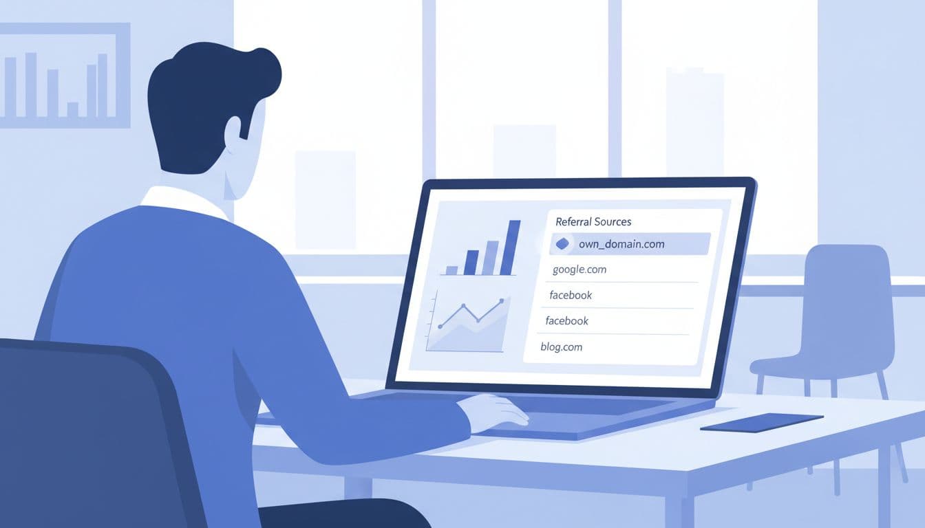 Modern illustration of a Google Analytics 4 dashboard screen highlighting self-referral traffic in the referral sources report, with a laptop on a desk in an office setting viewed by one person.
