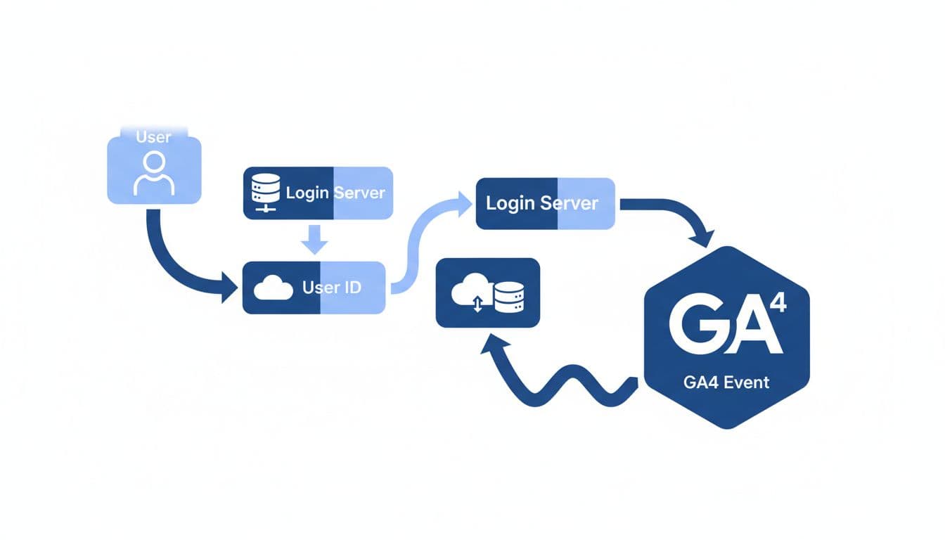 Modern illustration flowchart showing User ID flow from login to GA4 event with simple icons for user, server, and GA4 connected by arrows, clean blues and whites on white background.