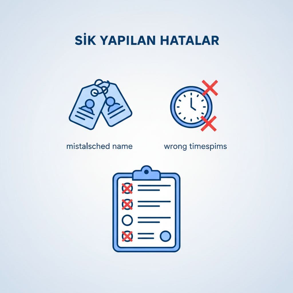 Warning icons depict mismatched names and timestamps errors with red-crossed checklist in blues and whites.