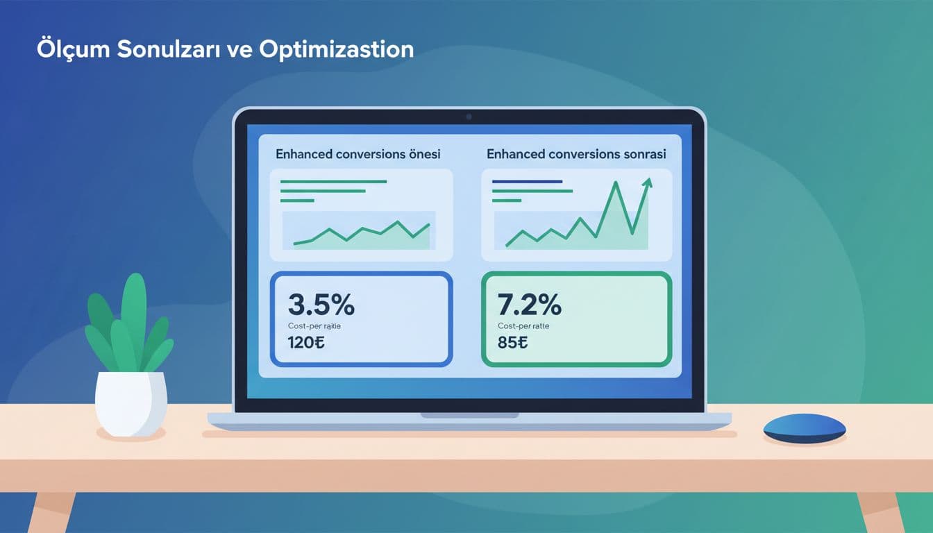 Modern illustration in blues and greens showing a Google Ads dashboard with improved conversion metrics before and after enhanced conversions activation, featuring rising chart lines on a focused laptop screen in a minimal desk setup.