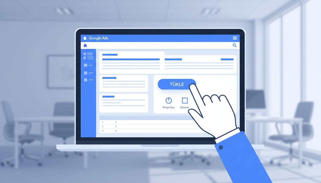 Laptop screen shows Google Ads dashboard with highlighted upload button for offline conversions, hand pointing relaxed, blurred office background.