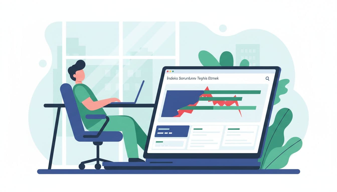 Modern illustration of Google Search Console dashboard showing indexing status report with highlighted errors on a laptop screen in an office setting, one relaxed viewer, blues and greens palette.