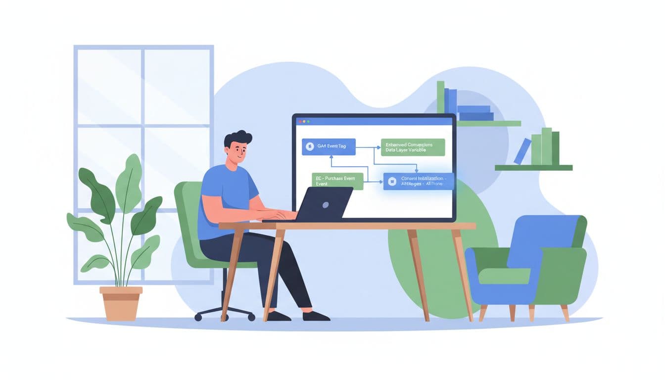 Modern illustration of a digital marketer at a desk with laptop open to Google Tag Manager interface displaying enhanced conversions setup tags, in blues and greens, office with plants and natural light.