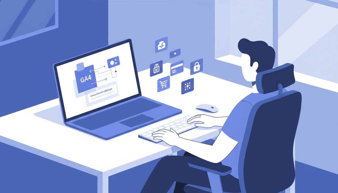 Modern illustration showing Google Tag Manager interface for GA4 configuration tag with cross-domain settings on a laptop screen in an office desk setup. One person adjusts settings with relaxed hands beside abstract payment gateway icons, using clean shapes in blues and whites.