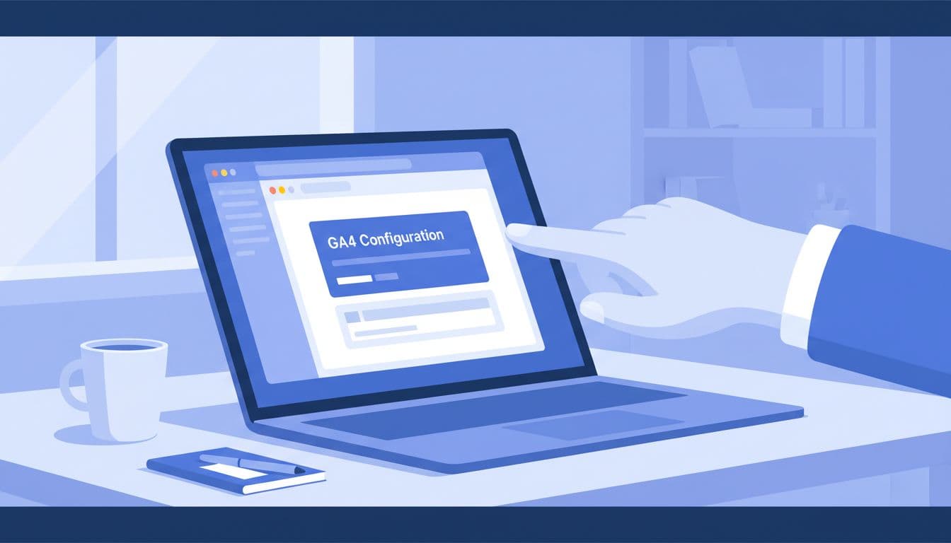 Modern illustration of Google Tag Manager interface on a laptop screen with GA4 config tag open, featuring a single relaxed hand pointing to the screen in a desk setup with soft office lighting.
