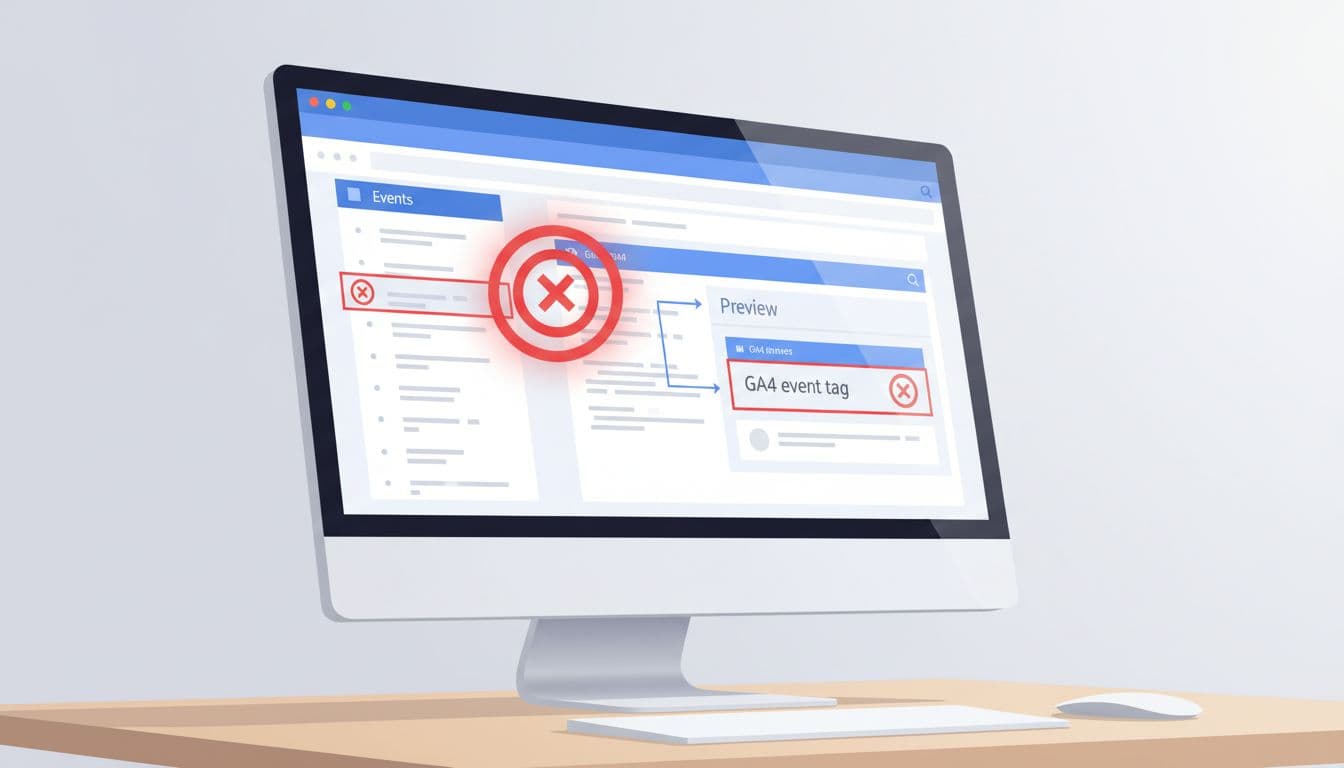 Modern illustration of Google Tag Manager interface in debug preview mode, showing GA4 event tag triggering with highlighted error icon on a slightly angled monitor in a desk environment using blues and whites.