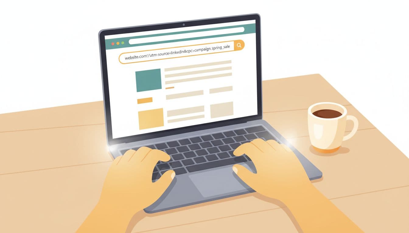 Modern illustration depicting hands typing UTM parameters such as utm_source=linkedin and utm_medium=cpc into a laptop browser's URL bar, with a simple desk setup and coffee mug nearby. Clean shapes, controlled colors, and warm lighting in a relaxed style with no people visible or extra details.