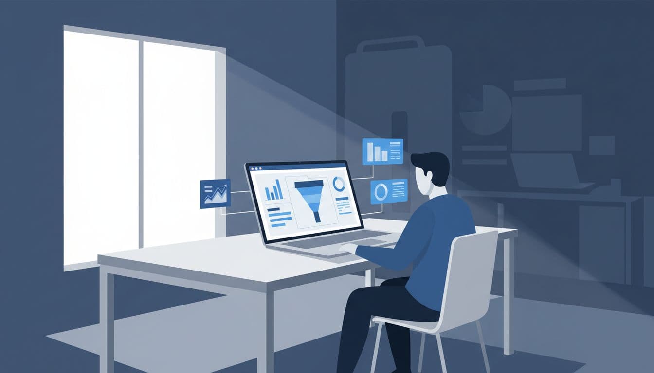 Modern illustration style with clean shapes, controlled color palette in blues and grays, strong composition: a laptop on a modern office desk displaying a Looker Studio dashboard with B2B marketing charts like funnel and metrics, exactly one person sitting and viewing, soft natural lighting from window, no text visible on screen, no logos, no watermarks, no extra people or objects.