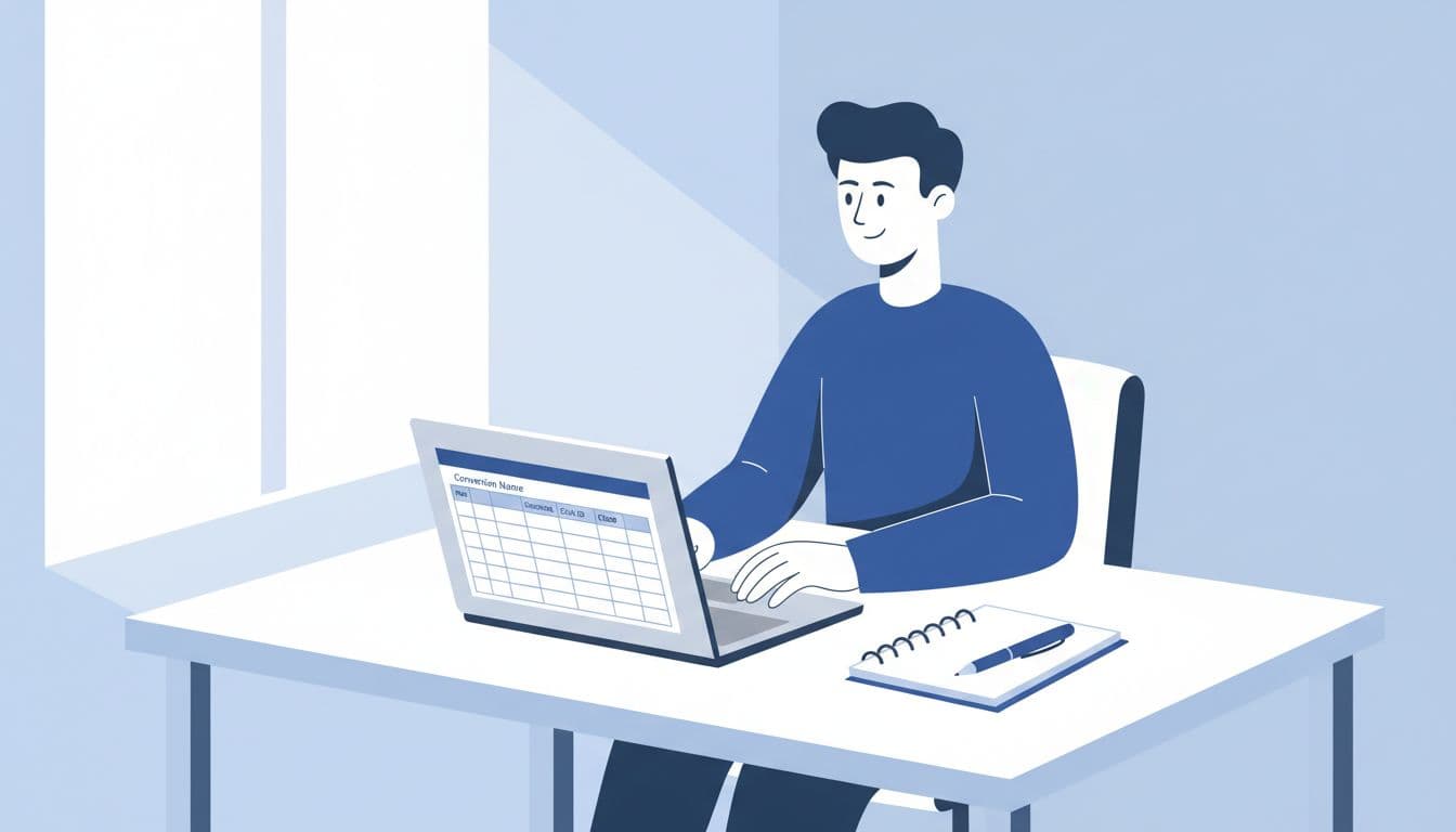 Marketer at clean desk with laptop showing spreadsheet and nearby notepad, focused on data preparation.