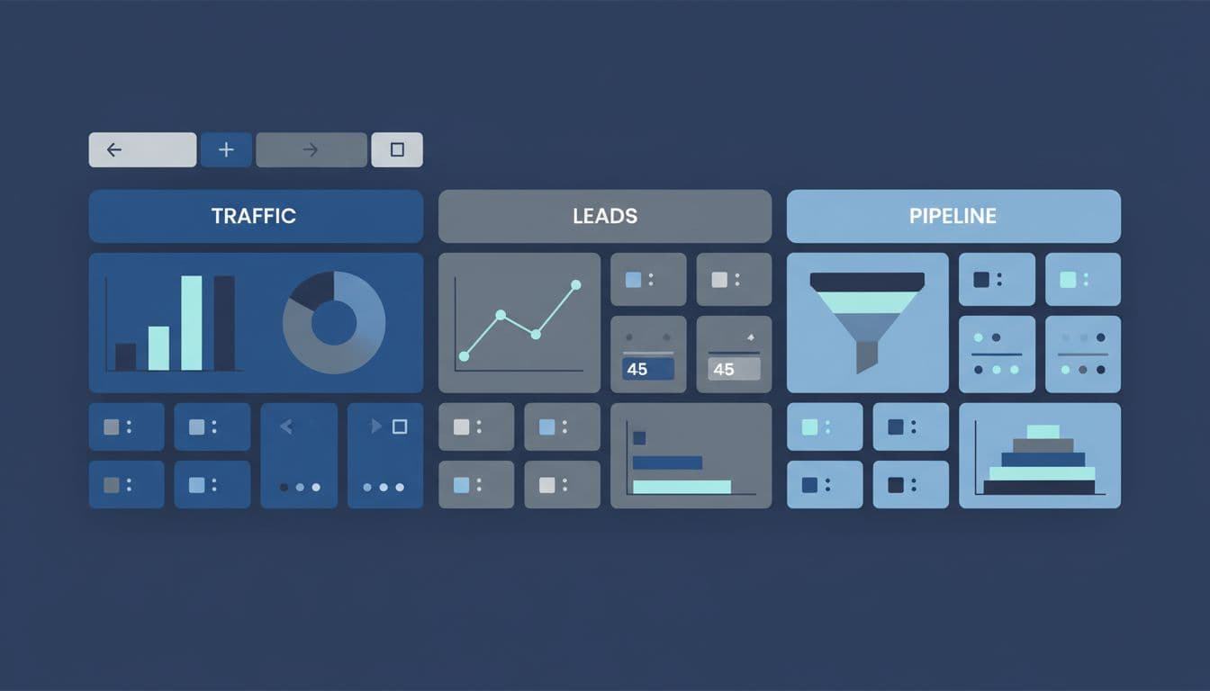 Clean illustration of a B2B marketing dashboard with grid sections for traffic, leads, and pipeline, top filters, in blues and grays, no text or people.