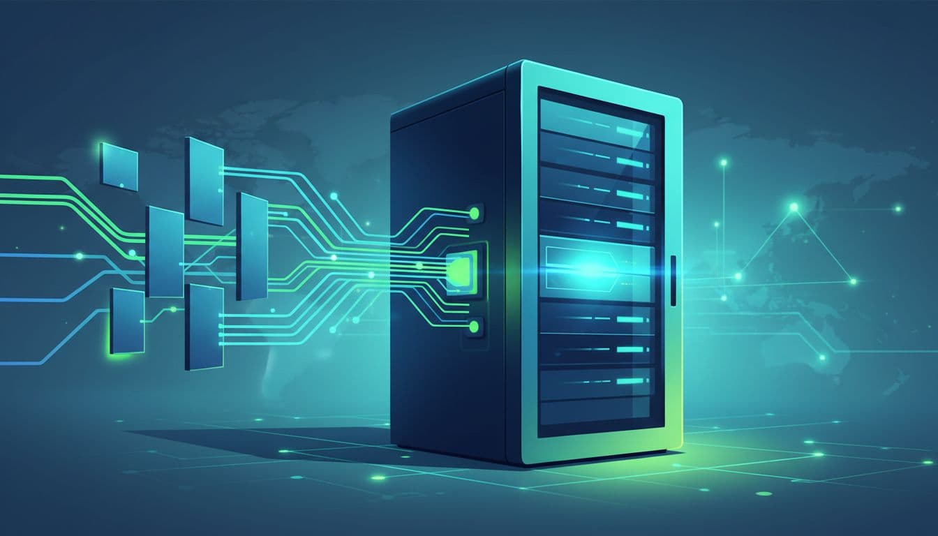 Modern illustration of a server rack with glowing data streams flowing from client devices to the server, using clean shapes in blue and green tones.