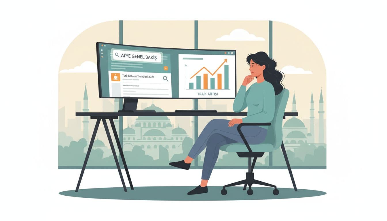 Modern illustration of a Turkish content marketer at a desk with dual monitors, reviewing Google search results highlighting AI Overview and charts displaying traffic growth, with Istanbul cityscape visible through the window.
