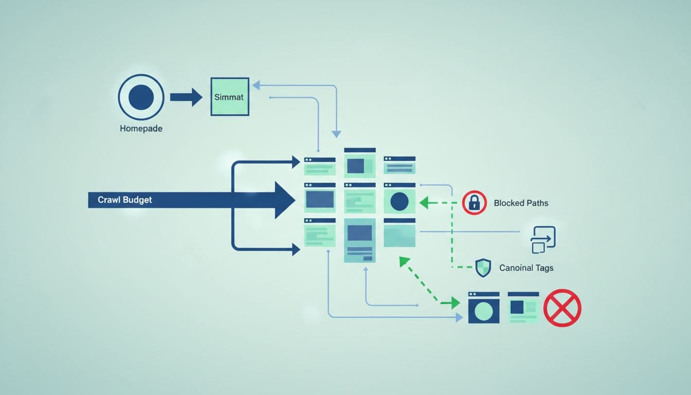 Modern illustration of website crawl process: crawler from homepage via sitemap, arrows for crawl budget limits and blocked paths, icons for robots.txt and canonical tags, blues-greens palette, no text.