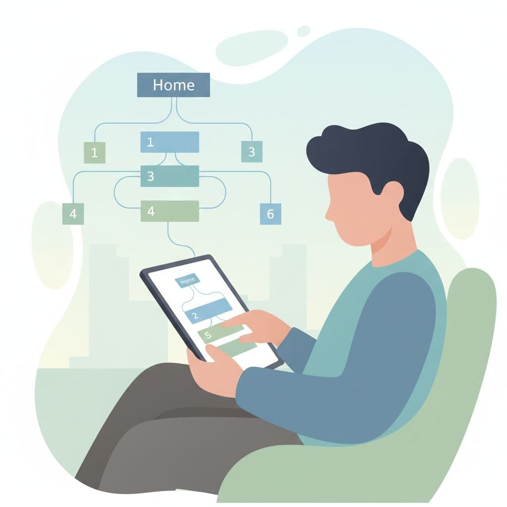 A person examines a visual map of website pagination flow on a digital tablet.